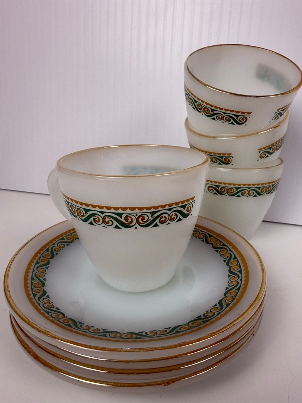 White Milk Glass Tea Cup and Saucer Set with Gold and Green Trim set of 4